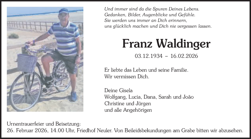  Traueranzeige für Franz Waldinger vom 23.02.2026 aus Schwäbische Post