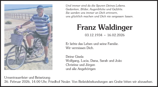 Traueranzeige von Franz Waldinger von Schwäbische Post