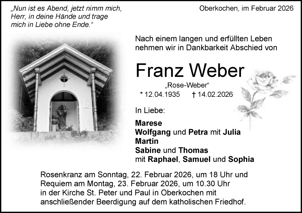  Traueranzeige für Franz Weber vom 18.02.2026 aus Schwäbische Post