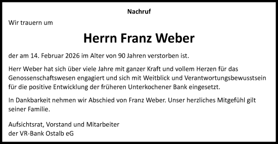 Traueranzeige von Franz Weber von Schwäbische Post