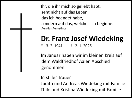 Traueranzeige von Franz Josef Wiedeking von Schwäbische Post