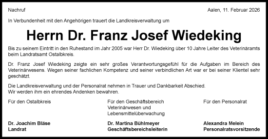 Traueranzeige von Franz Josef Wiedeking von Schwäbische Post