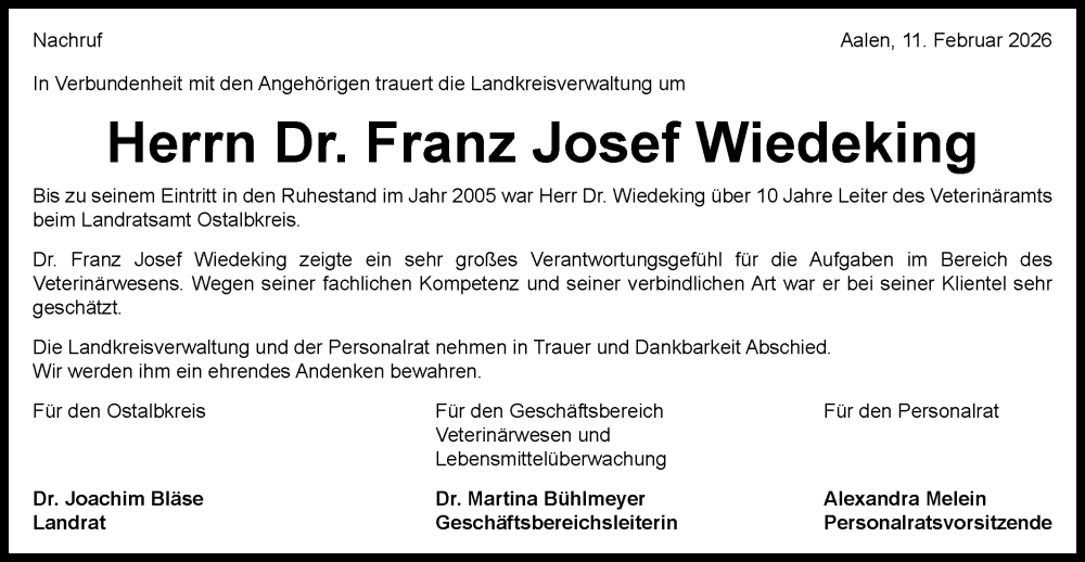  Traueranzeige für Franz Josef Wiedeking vom 11.02.2026 aus Schwäbische Post