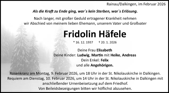 Traueranzeige von Fridolin Häfele von Schwäbische Post