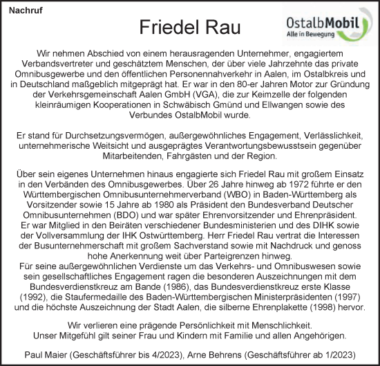 Traueranzeige von Friedel Rau von Schwäbische Post