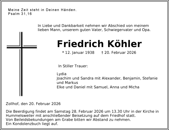 Traueranzeige von Friedrich Köhler von Schwäbische Post
