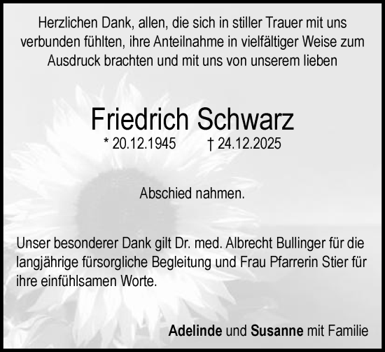 Traueranzeige von Friedrich Schwarz von Schwäbische Post