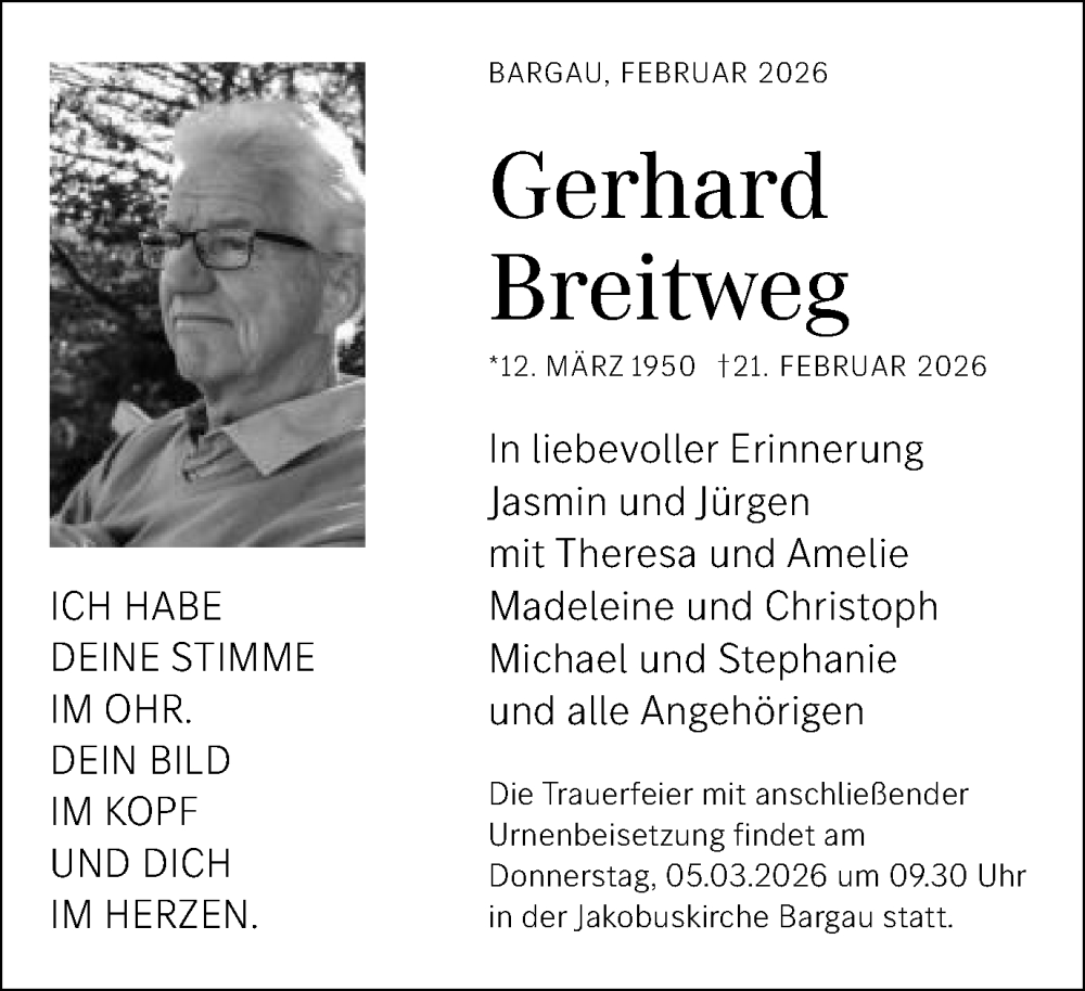  Traueranzeige für Gerhard Breitweg vom 28.02.2026 aus Gmünder Tagespost