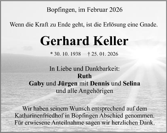 Traueranzeige von Gerhard Keller von Schwäbische Post