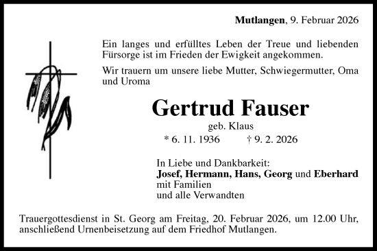 Traueranzeige von Gertrud Fauser von Gmünder Tagespost