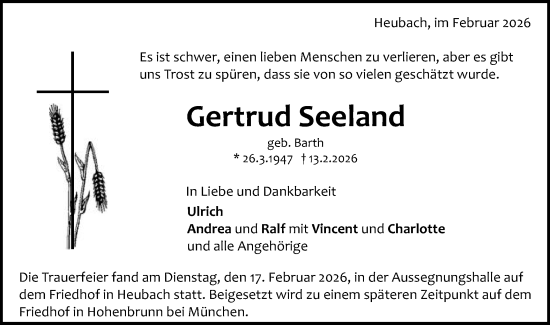 Traueranzeige von Gertrud Seeland von Gmünder Tagespost