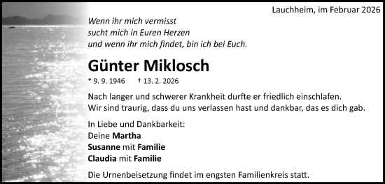 Traueranzeige von Günter Miklosch von Schwäbische Post