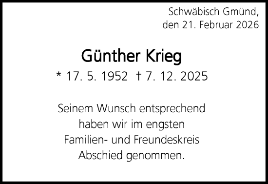 Traueranzeige von Günther Krieg von Gmünder Tagespost