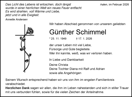 Traueranzeige von Günther Schimmel von Schwäbische Post