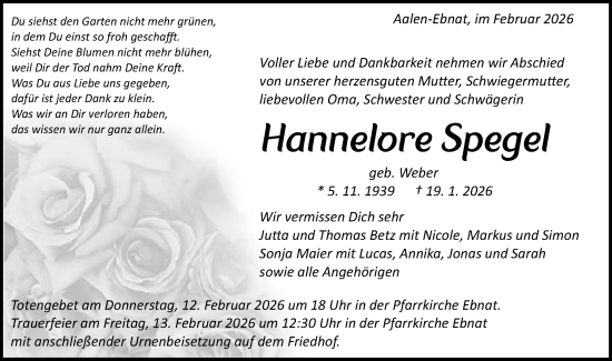 Traueranzeige von Hannelore Spegel von Schwäbische Post