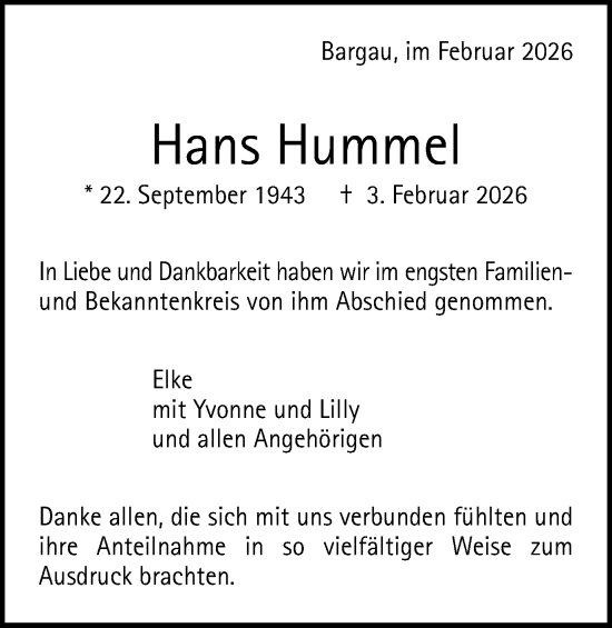 Traueranzeige von Hans Hummel von Gmünder Tagespost