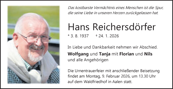 Traueranzeige von Hans Reichersdörfer von Schwäbische Post