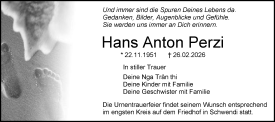 Traueranzeige von Hans Anton Perzi von Schwäbische Post