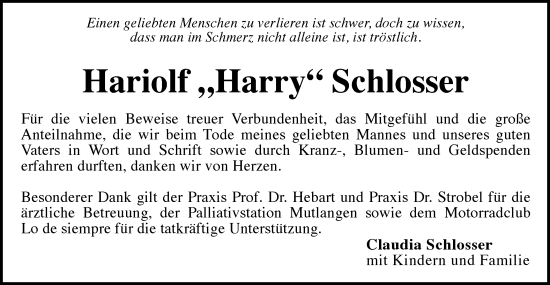 Traueranzeige von Hariolf Schlosser von Gmünder Tagespost