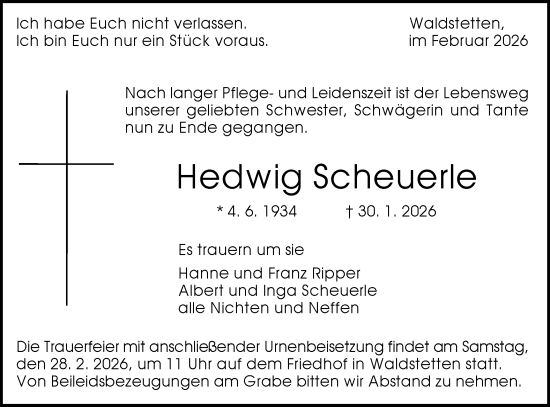Traueranzeige von Hedwig Scheuerle von Gmünder Tagespost