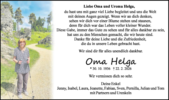 Traueranzeige von Helga Bildmater von Schwäbische Post