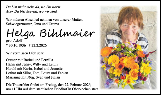 Traueranzeige von Helga Bildmater von Schwäbische Post