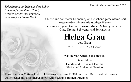Traueranzeige von Helga Grau von Schwäbische Post
