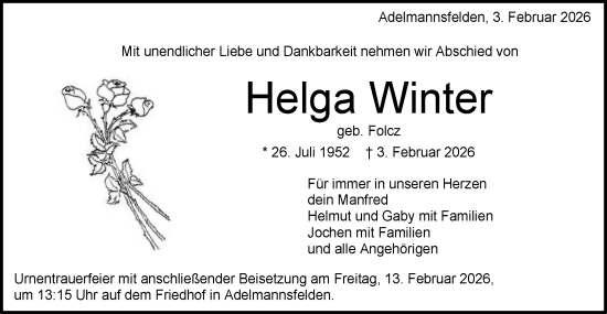Traueranzeige von Helga Winter von Schwäbische Post
