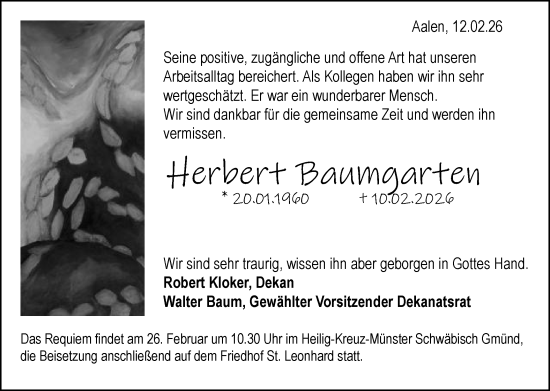 Traueranzeige von Herbert Baumgarten von Schwäbische Post