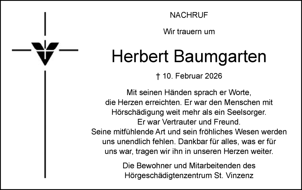  Traueranzeige für Herbert Baumgarten vom 14.02.2026 aus Gmünder Tagespost