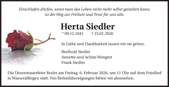 Traueranzeige von Herta Siedler von Schwäbische Post