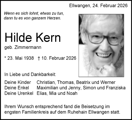 Traueranzeige von Hilde Kern von Schwäbische Post