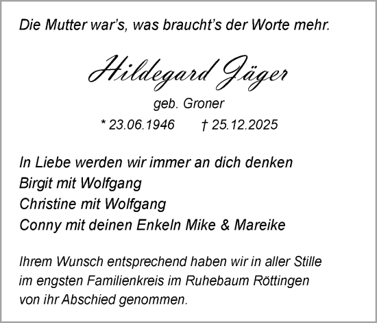 Traueranzeige von Hildegard Jäger von Schwäbische Post