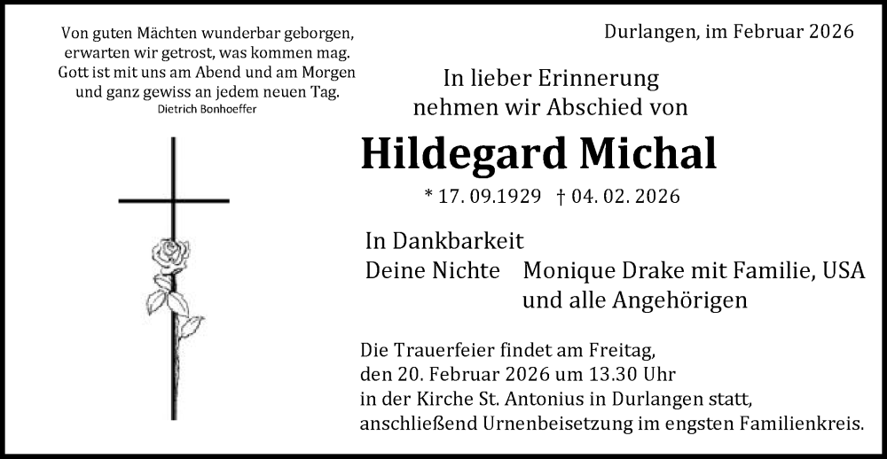  Traueranzeige für Hildegard Michal vom 14.02.2026 aus Gmünder Tagespost