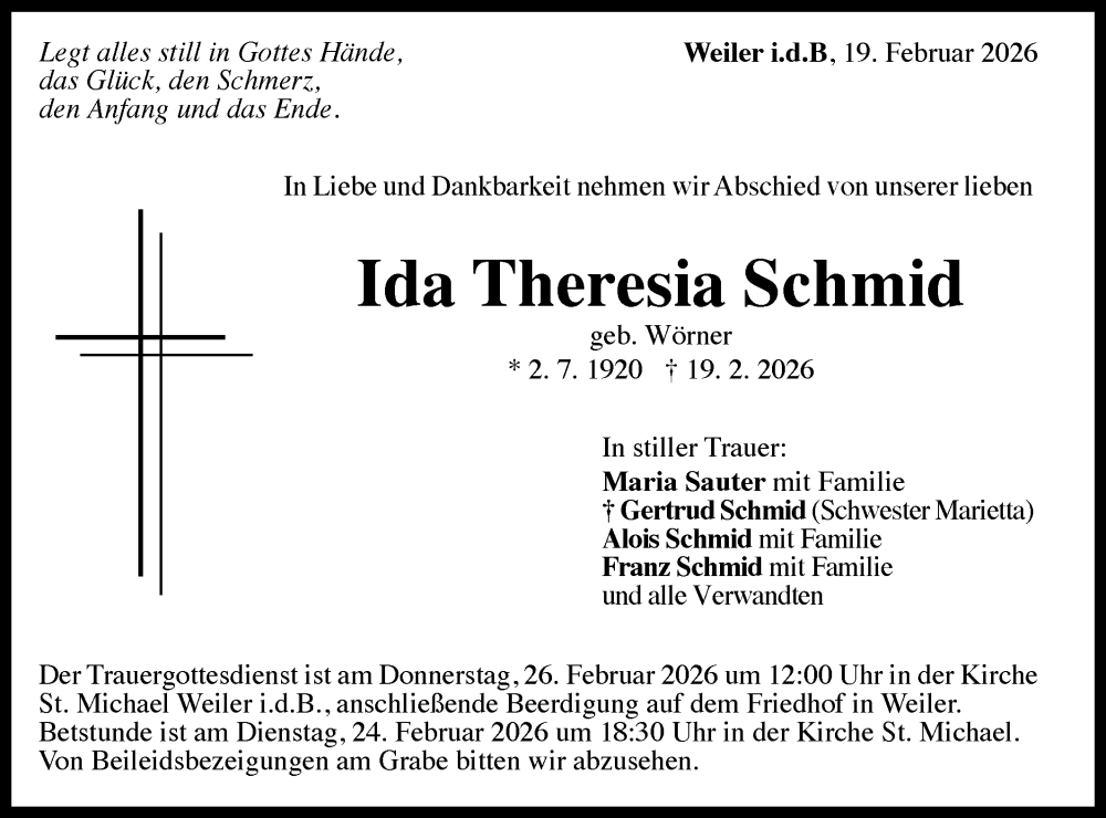  Traueranzeige für Ida Theresia Schmid vom 24.02.2026 aus Gmünder Tagespost