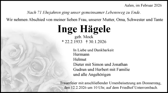 Traueranzeige von Inge Hägele von Schwäbische Post