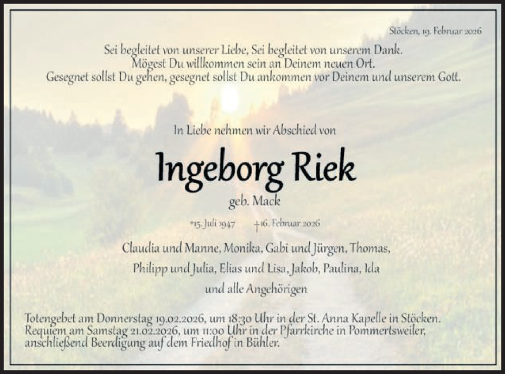  Traueranzeige für Ingeborg Riek vom 19.02.2026 aus Schwäbische Post