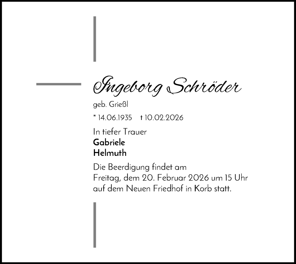  Traueranzeige für Ingeborg Schröder vom 14.02.2026 aus Schwäbische Post