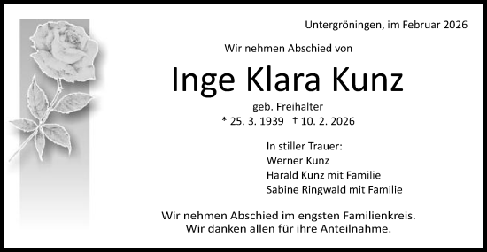Traueranzeige von Inge Klara Kunz von Gmünder Tagespost
