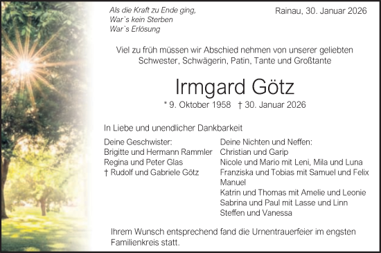 Traueranzeige von Irmgard Götz von Schwäbische Post