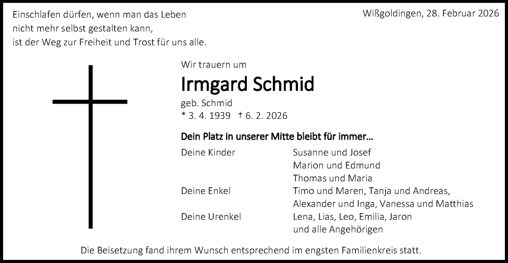  Traueranzeige für Irmgard Schmid vom 28.02.2026 aus Gmünder Tagespost