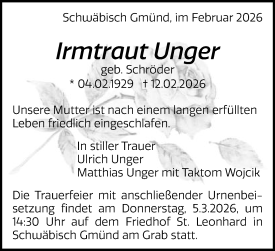 Traueranzeige von Irmtraut Unger von Gmünder Tagespost