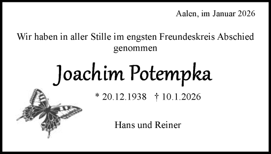 Traueranzeige von Joachim Potempka von Schwäbische Post