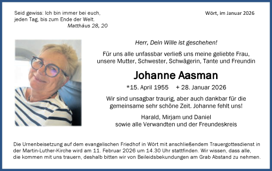 Traueranzeige von Johanne Aasman von Schwäbische Post