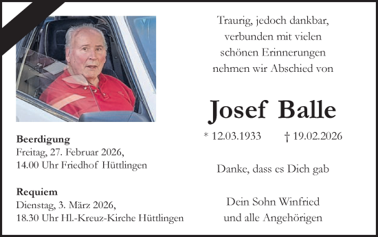 Traueranzeige von Josef Balle von Schwäbische Post