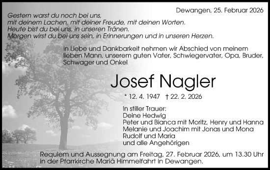 Traueranzeige von Josef Nagler von Schwäbische Post