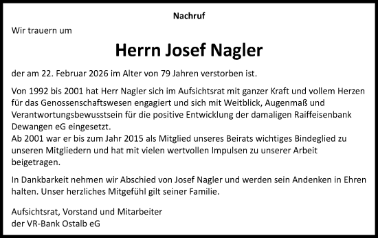 Traueranzeige von Josef Nagler von Schwäbische Post