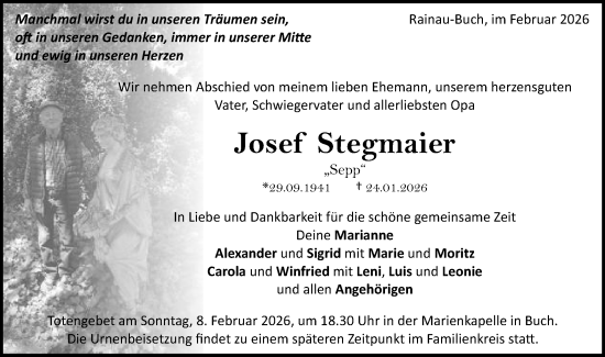 Traueranzeige von Josef Stegmaier von Schwäbische Post