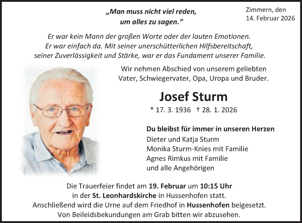  Traueranzeige für Josef Sturm vom 14.02.2026 aus Gmünder Tagespost