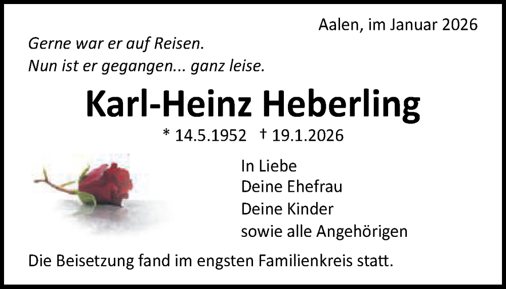  Traueranzeige für Karl-Heinz Heberling vom 05.02.2026 aus Schwäbische Post